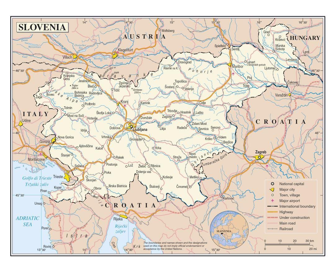 Mapa Slovinska letiská
