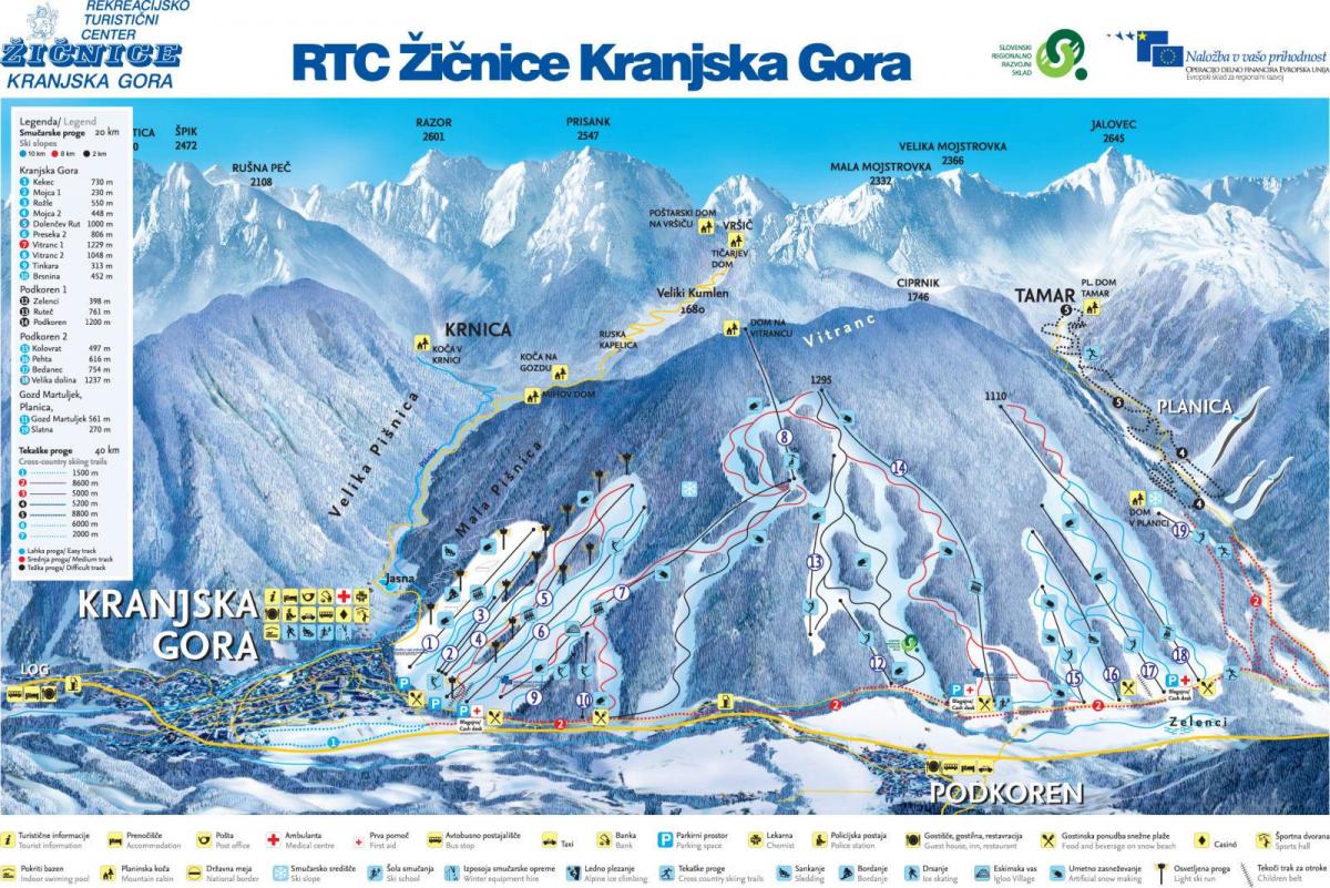 Mapa Slovinska lyžiarske strediská